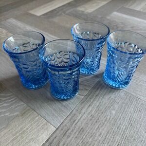 Vintage Blue Floral Embossed Glass Tumblers, Set of 4 Drinking‎ Glasses